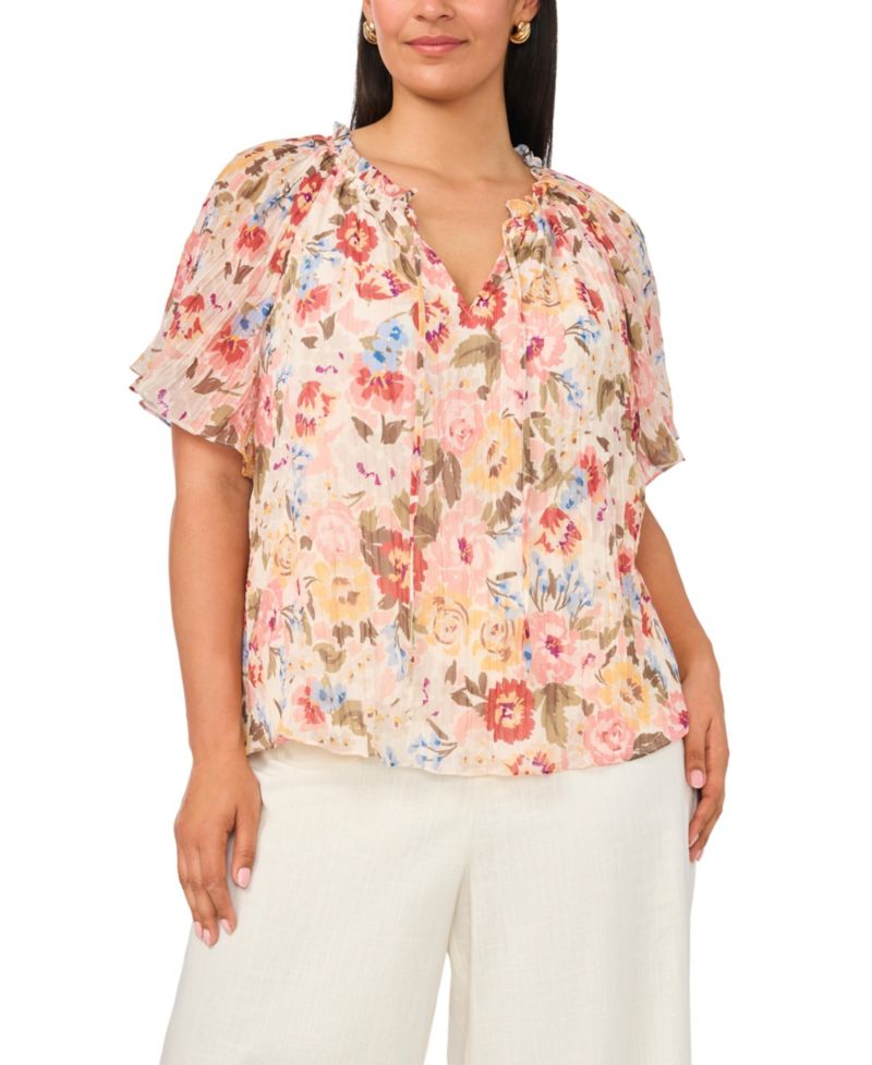 Plus Size Floral Chiffon Ruffle Blouse