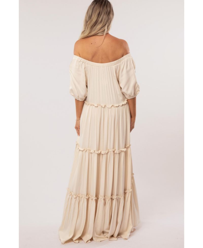 Women's Cream Off Shoulder Ruffle Tiered Maxi Dress