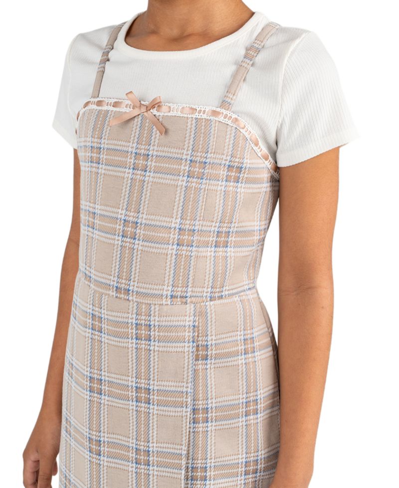 Girls' 7-16 Short-Sleeve T-Shirt and Plaid Woven Overlap Skirt Romper, 2-Piece Set