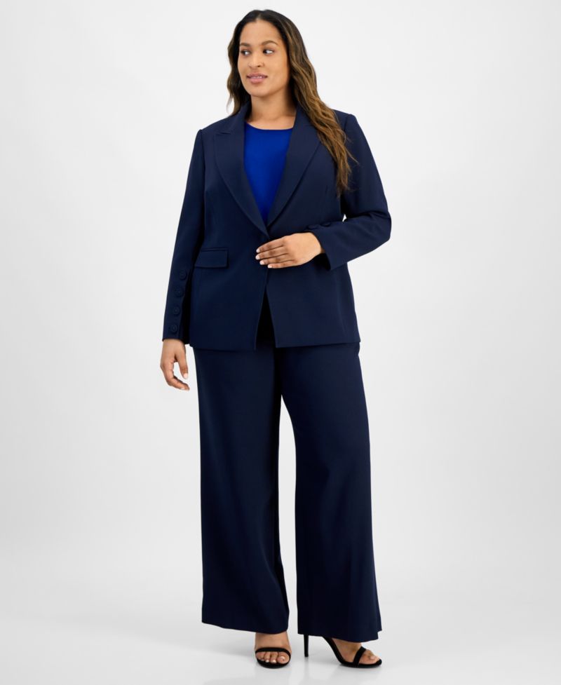 Plus Size Single-Button Crepe Blazer & Wide-Leg Pants