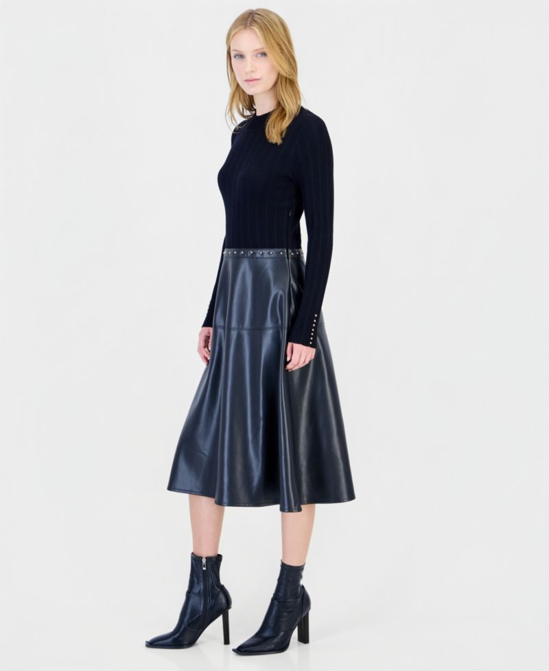 Women's Long-Sleeve Mock Neck Midi Dress