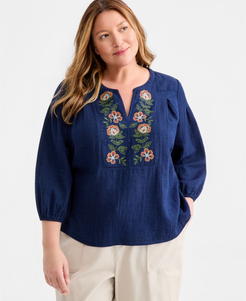 Plus Size Embroidered-Trim V-Neck Gauze Top
