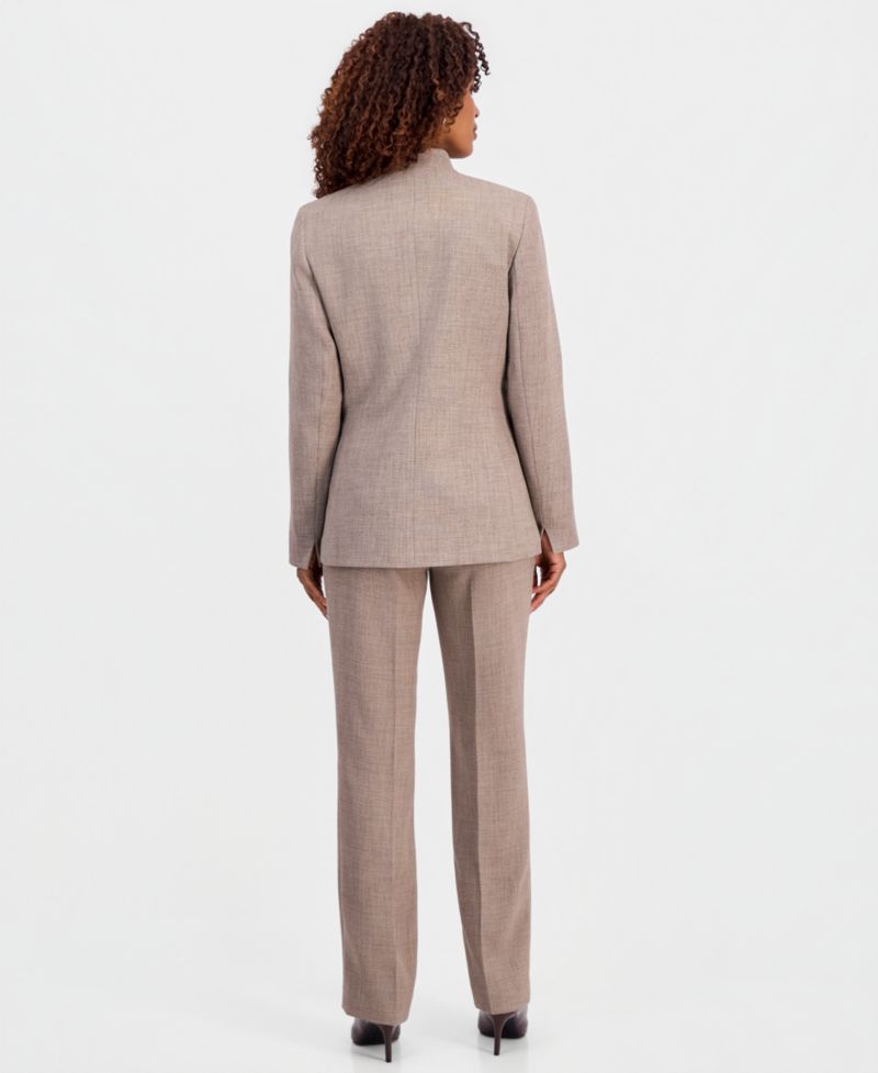 Women's Collarless Melange Jacket, Sleeveless Ruffle-Front Blouse & Straight-Leg Pants