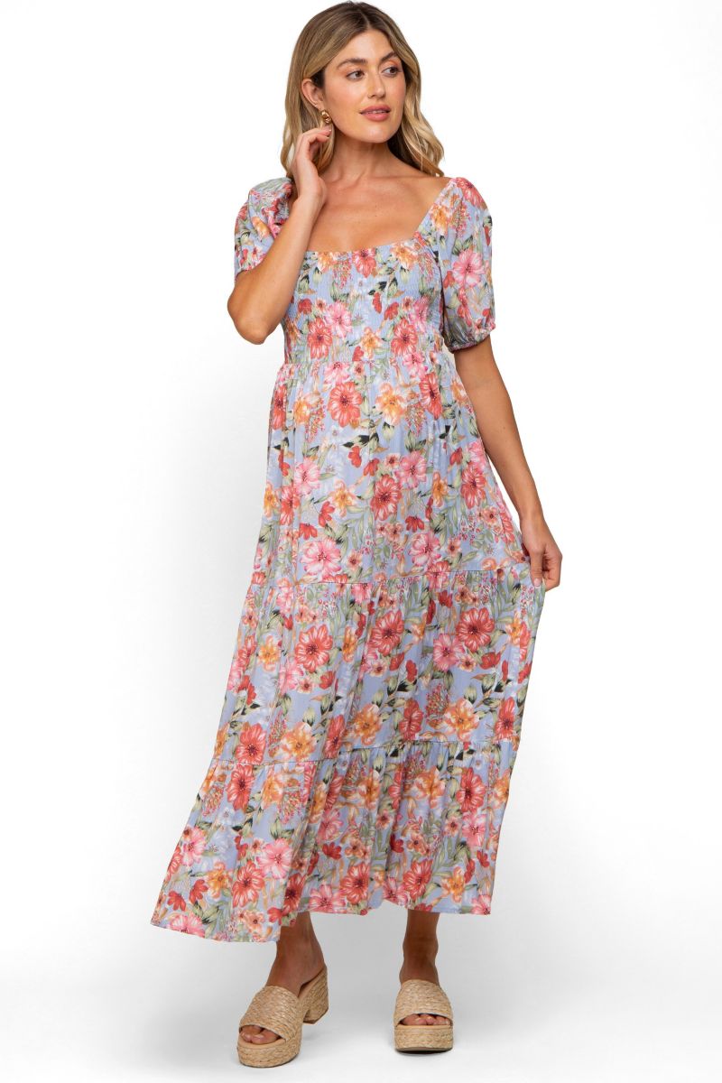 Women's Blue Floral Smocked Square Neck Tiered Maxi Dress