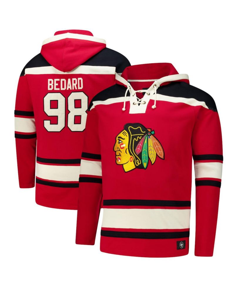 47 Brand Men's Connor Bedard Red Chicago Blackhawks Big & Tall Lace-up Pullover Hoodie