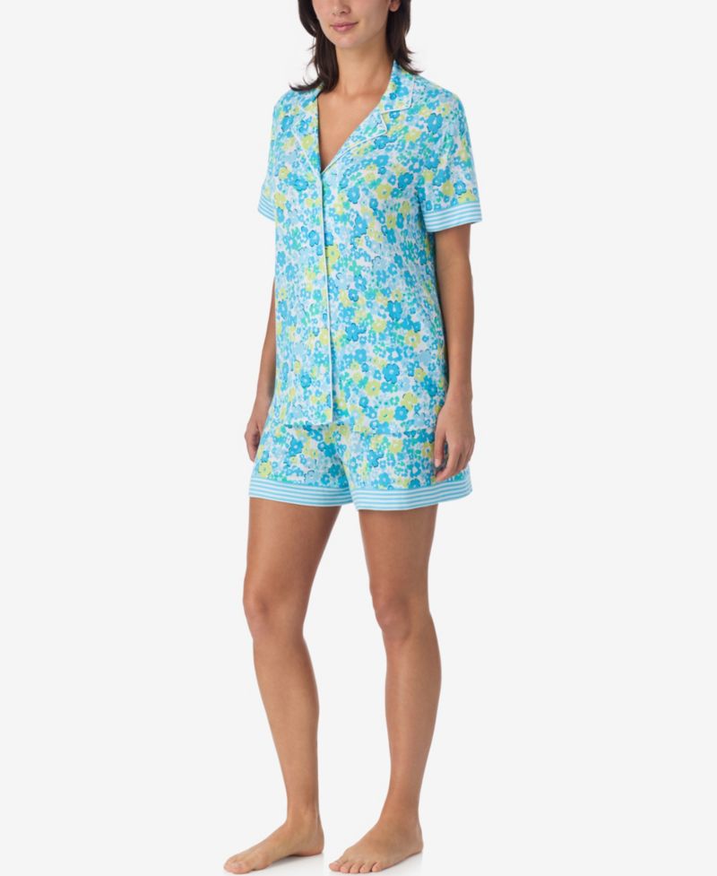 Women's Short-Sleeve Notch Collar Jersey Top & Shorts, 2-Piece Pajama Set