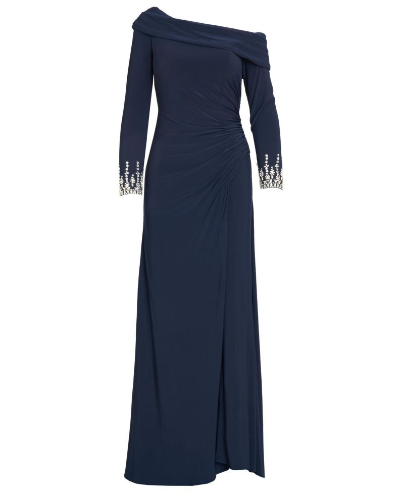 Women's Beaded Cuff Drop Shoulder Faux Wrap Gown