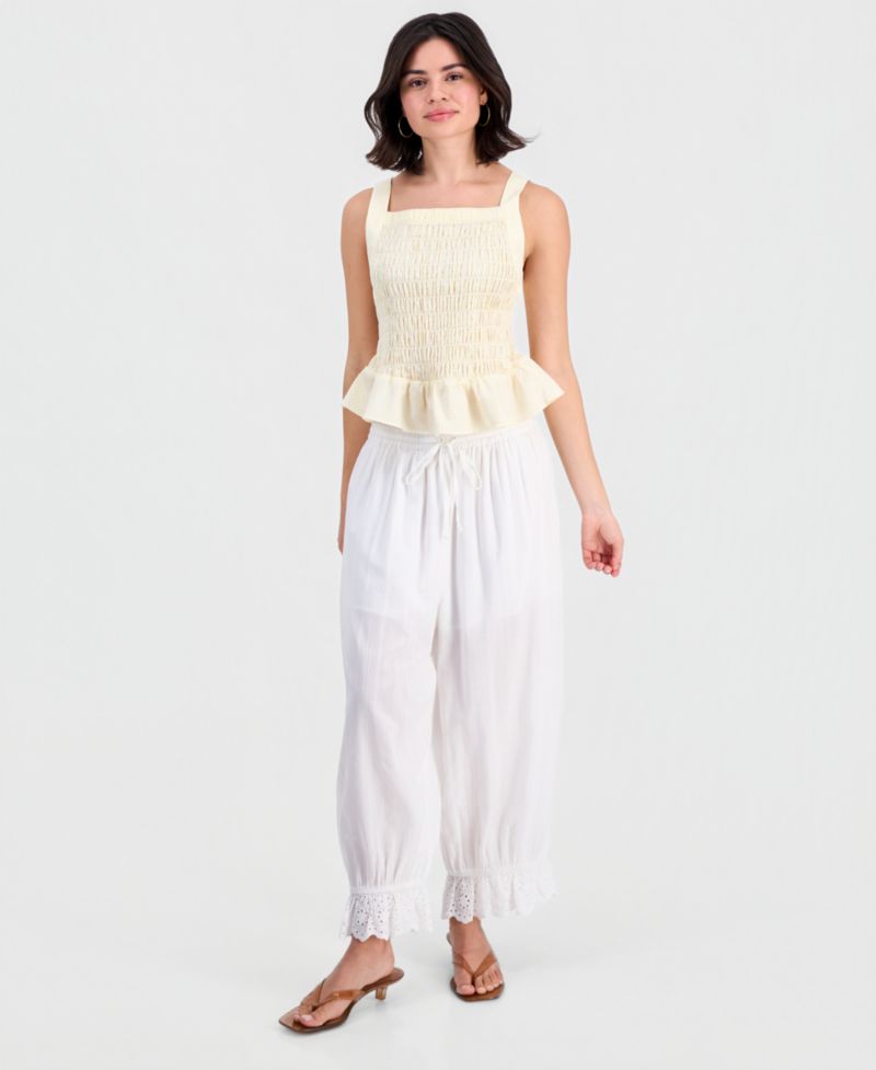 Petite Cotton Gingham Smocked Peplum Top