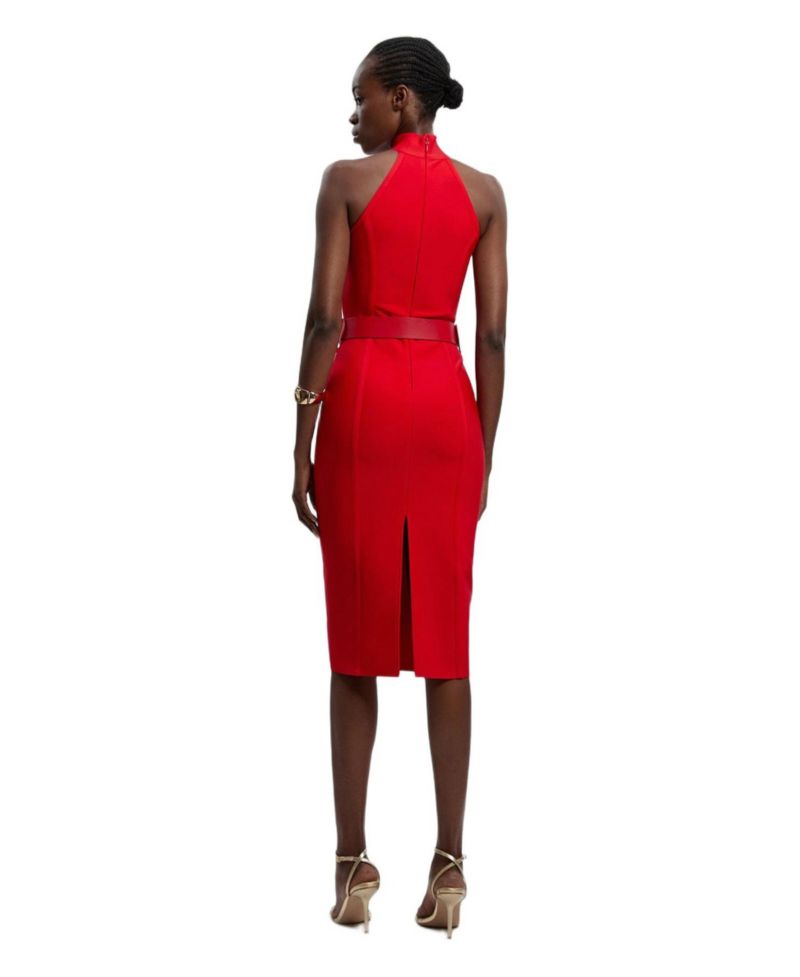 Women's Bandage High Neck Buckle Trim Midi Dress