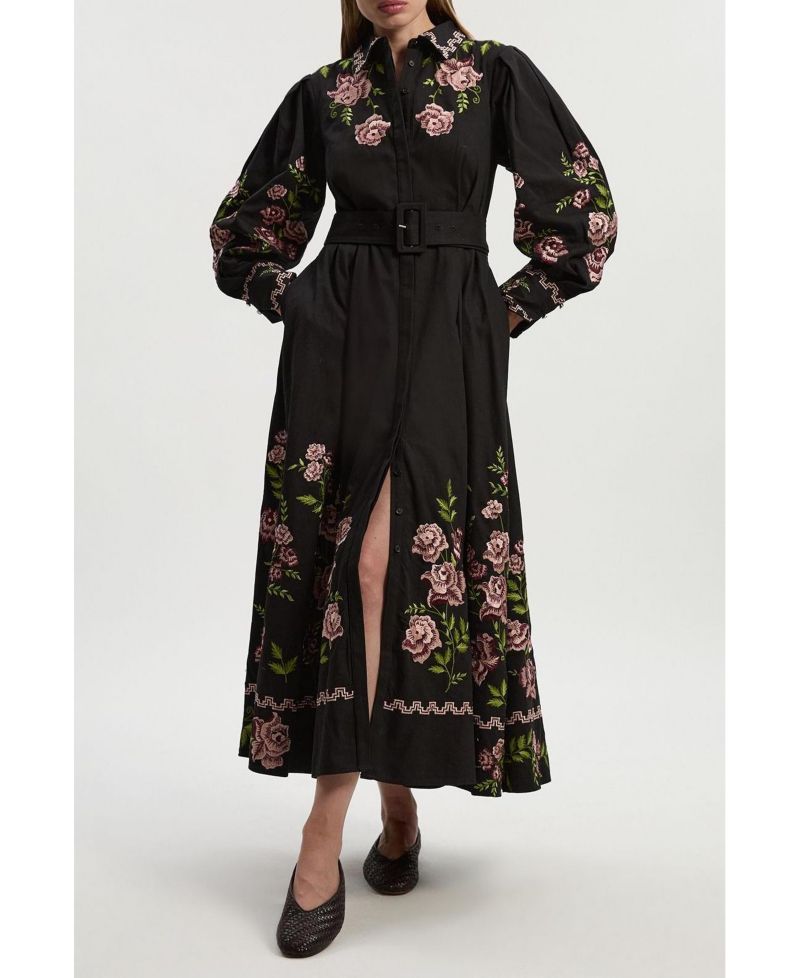 Women's Rose Embroidered Cotton Shirt Dress