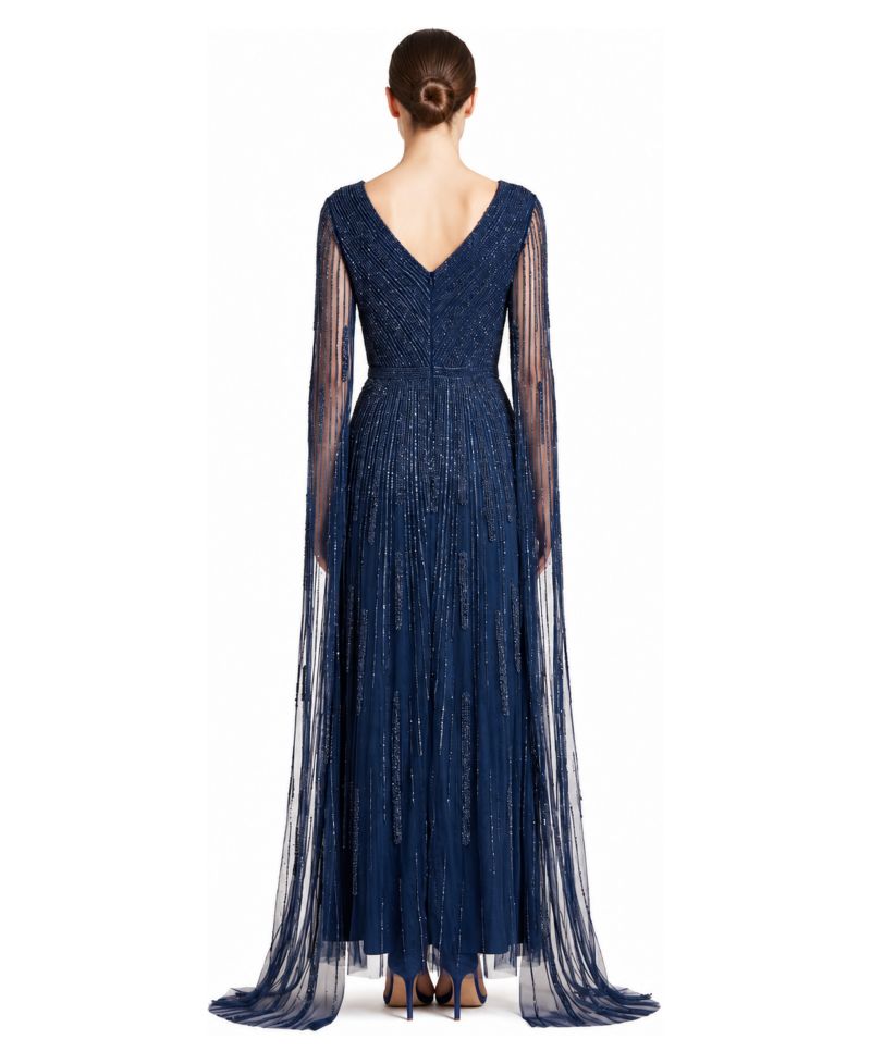 Women's V-Neck Beaded Long Cape-Sleeve Dress