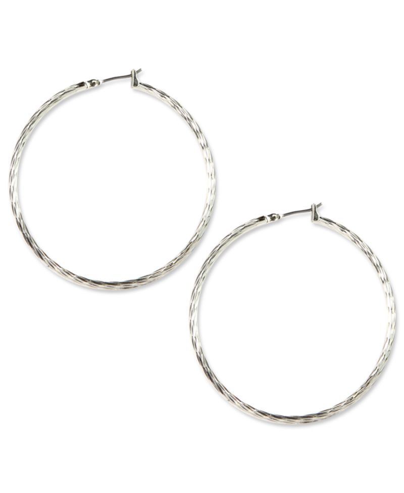 SILVER-TONE TEXTURED HOOP EARRINGS, 2"