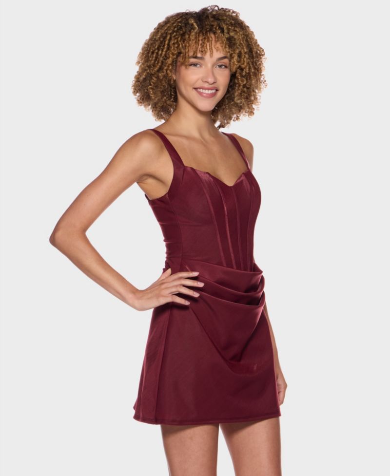 Juniors' Sweetheart-Neckline Corset-Bodice Draped-Skirt Dress
