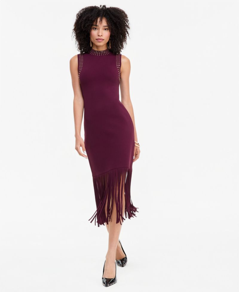 Women's Sleeveless Midi Fringe-Trim Sweater Dress