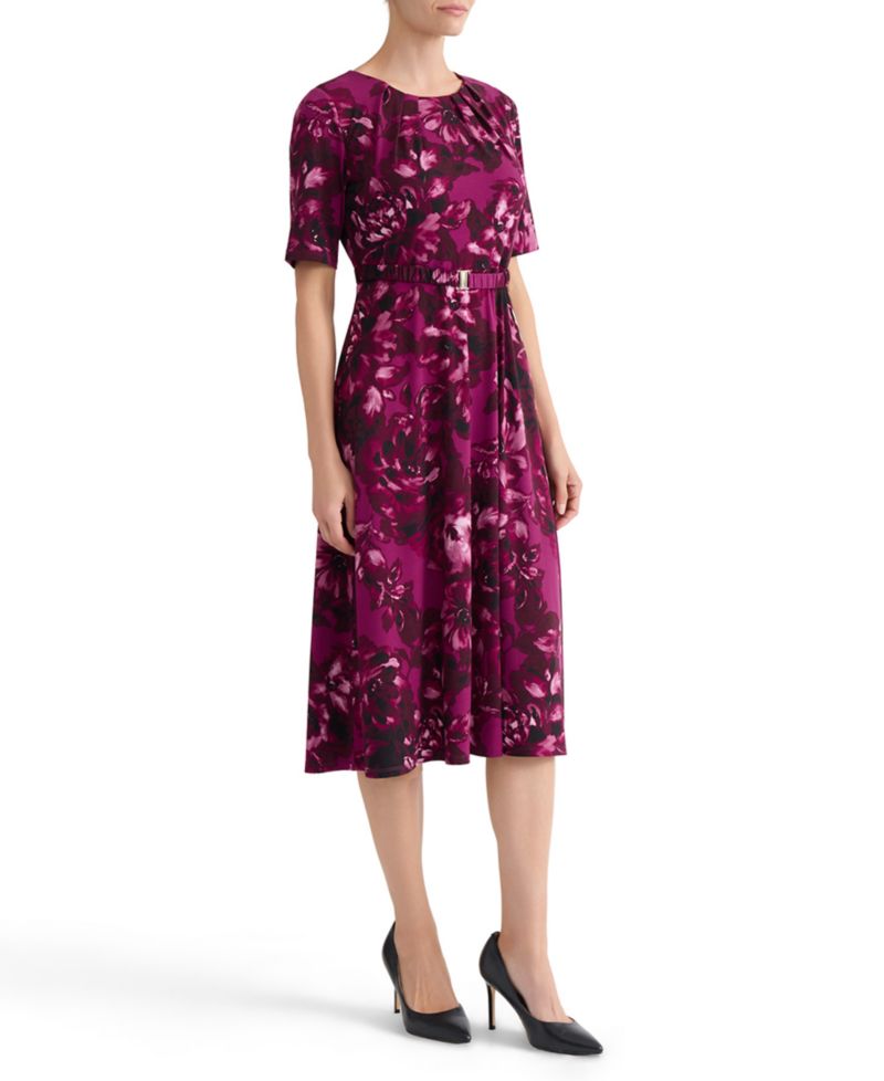 Women's Pleat-Neck Belted Short-Sleeve Dress