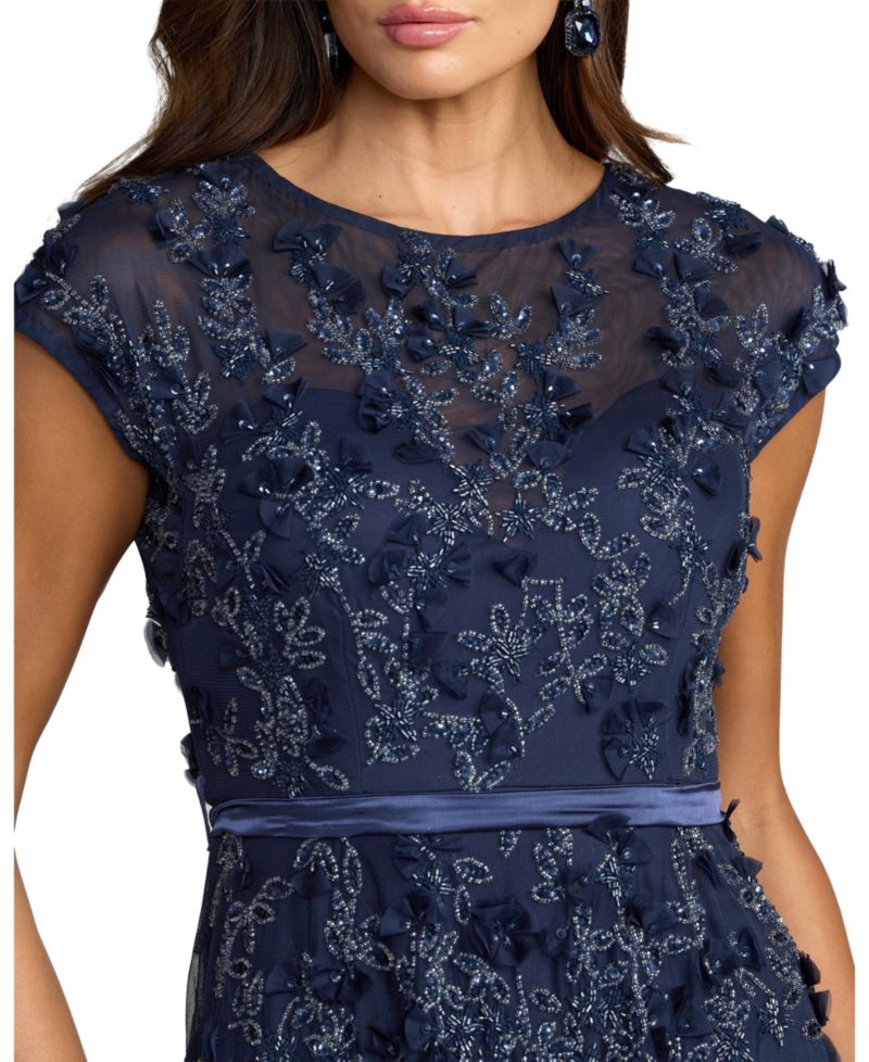 Women's Floral Embellished Short Sleeve Mesh Gown