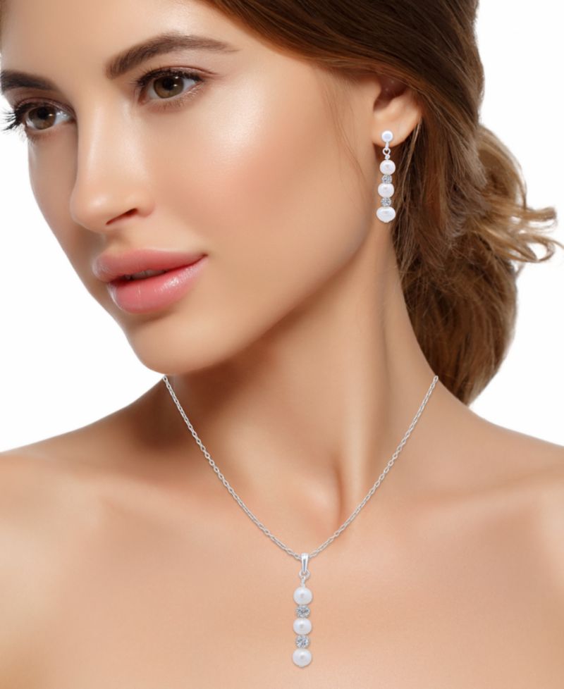 2-Pc. Set Freshwater Pearl & Crystal Vertical Pendant Necklace & Matching Drop Earrings in Sterling Silver