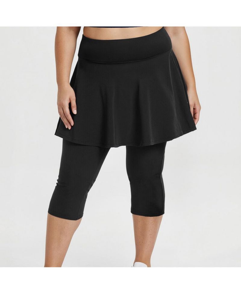 Plus Size Chlorine Resistant High Waisted Flared Swim Skort With Attached Capri Leggings