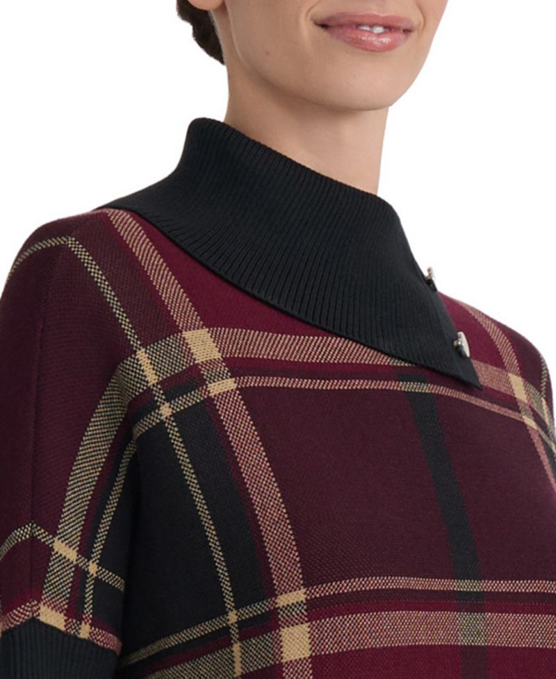 Women's Plaid Split-Neck Poncho Sweater