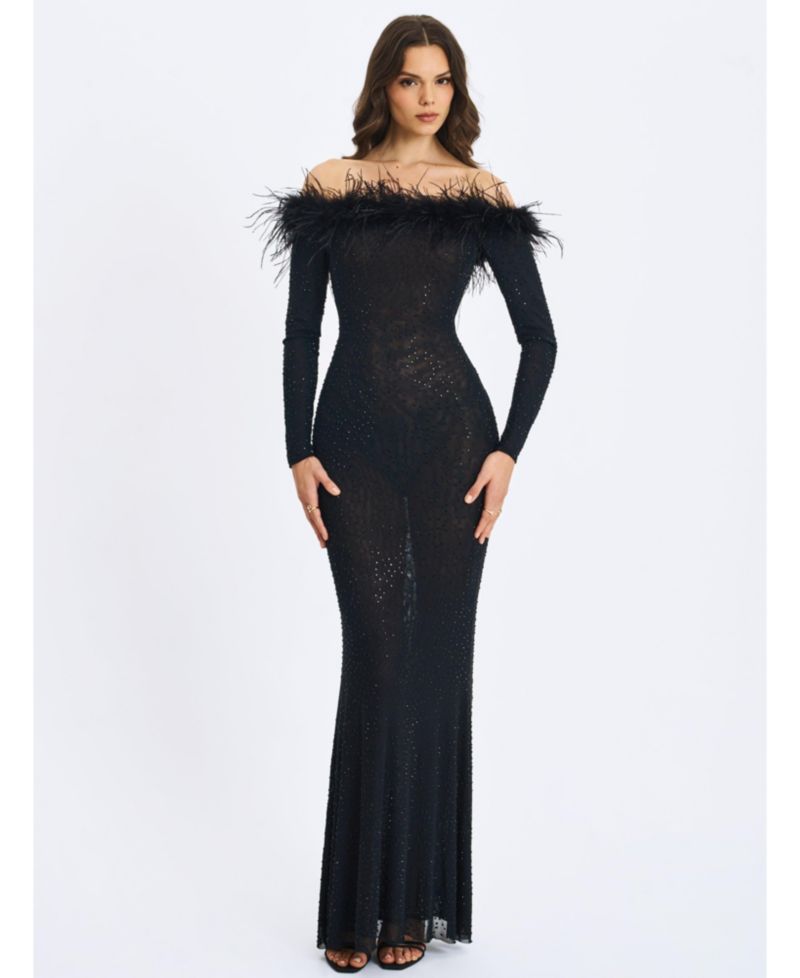 Women's Emberly Black Faux Fur Trimmed Off-Shoulder Rhinestone Mermaid Maxi Dress