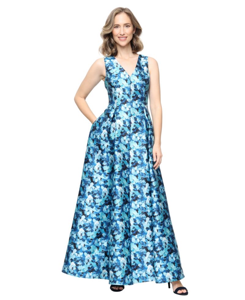 Women's Printed Mikado V-Neck Ball Gown