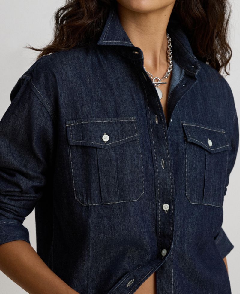 Women's Long-Sleeve Point Collar Relaxed-Fit Denim Shirt