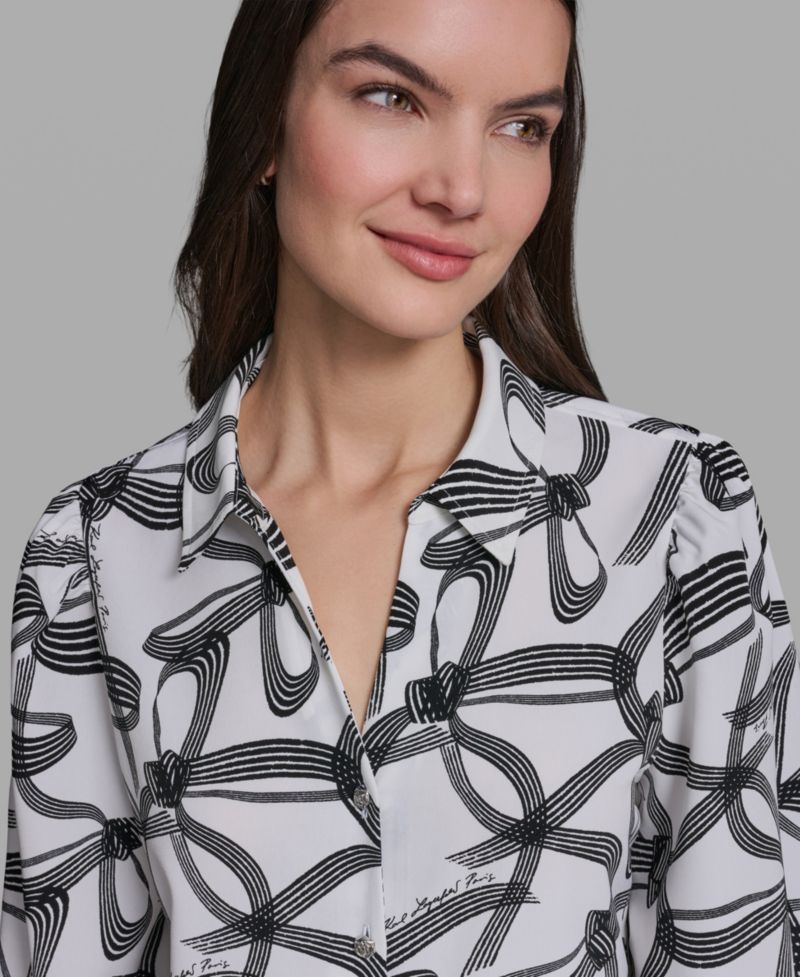 Women's Bow Print Woven Collared Top