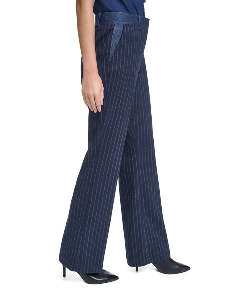 Petite Striped Straight-Leg Denim Waistband Pants