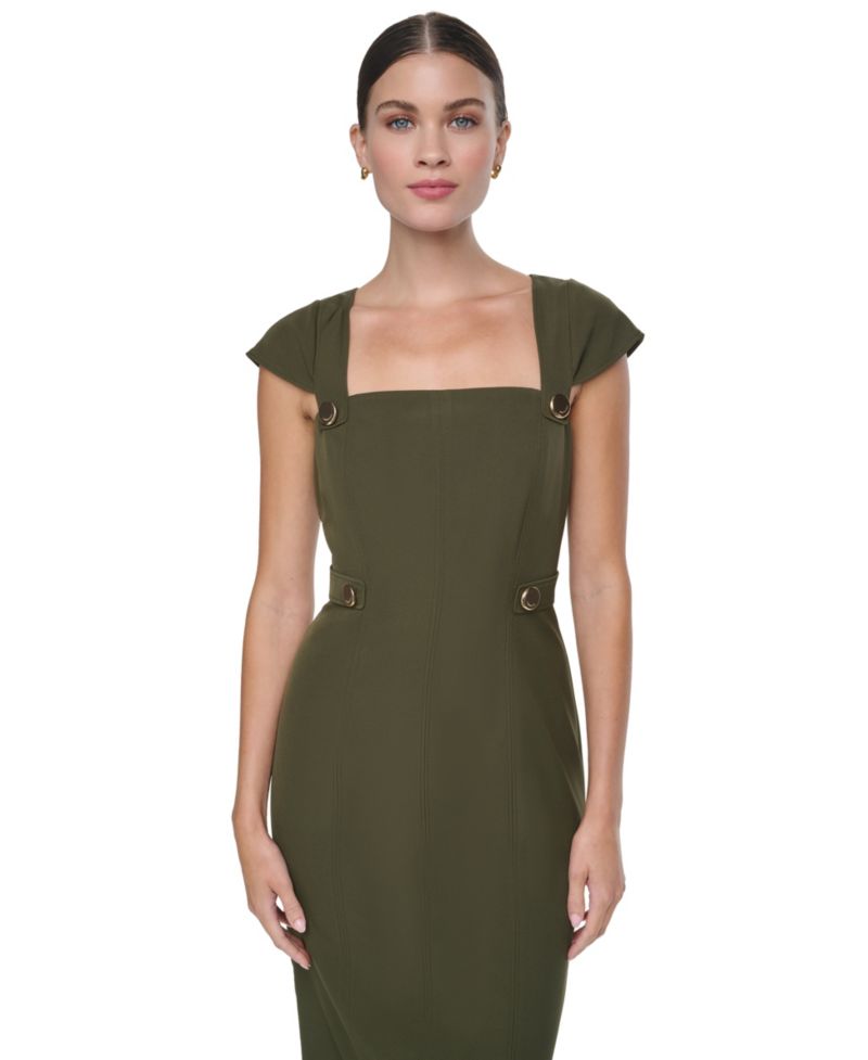 Women's Cap-Sleeve Square-Neck Crepe Midi Dress