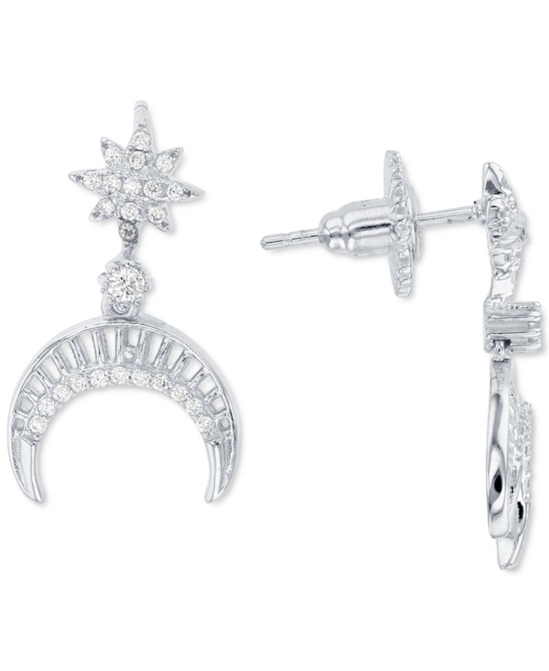 Cubic Zirconia Star & Crescent Moon Drop Earrings in Sterling Silver