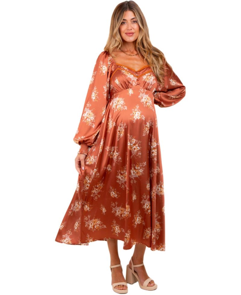 Women's Rust Satin Floral Bubble Sleeve Midi Dress