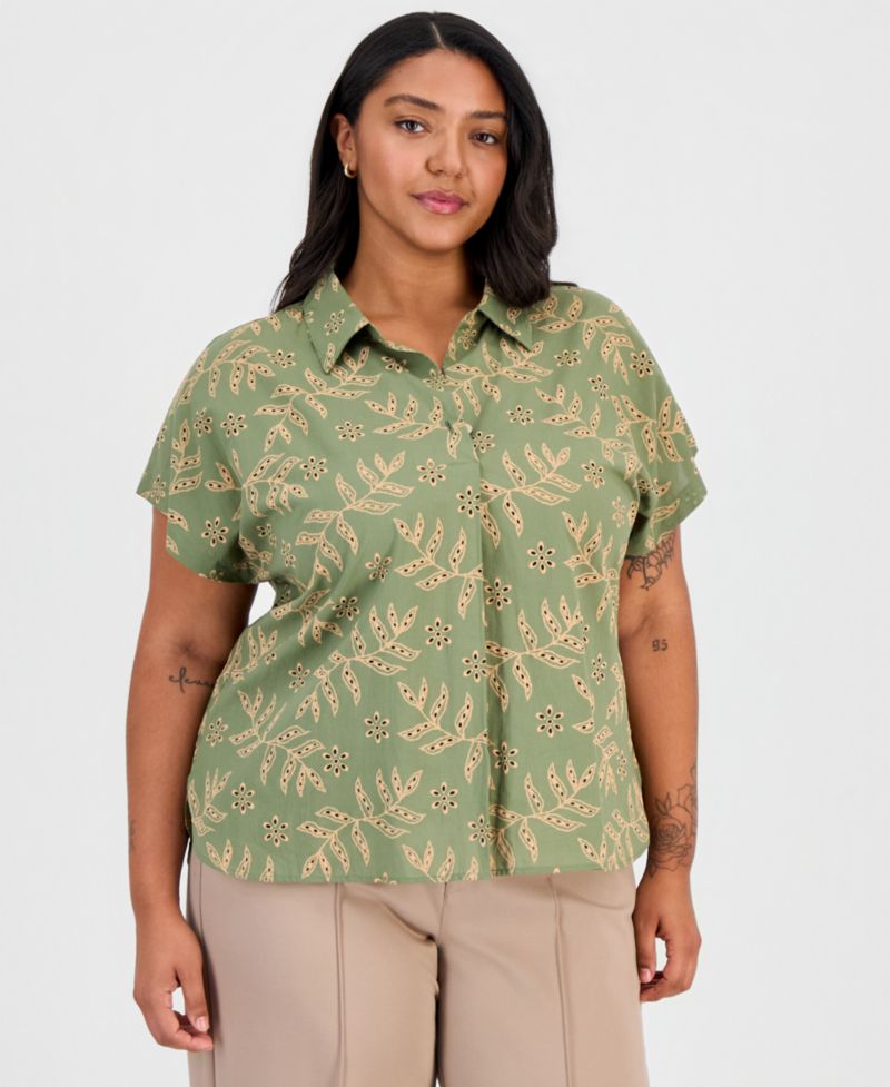 ASL Plus Size Embroidered-Look Short-Sleeve Camp Shirt
