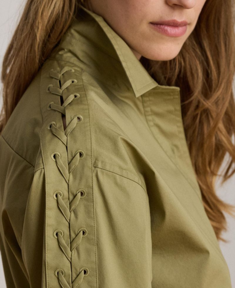Women's Spread Collar Lace-Up Trim Shirt-Dress