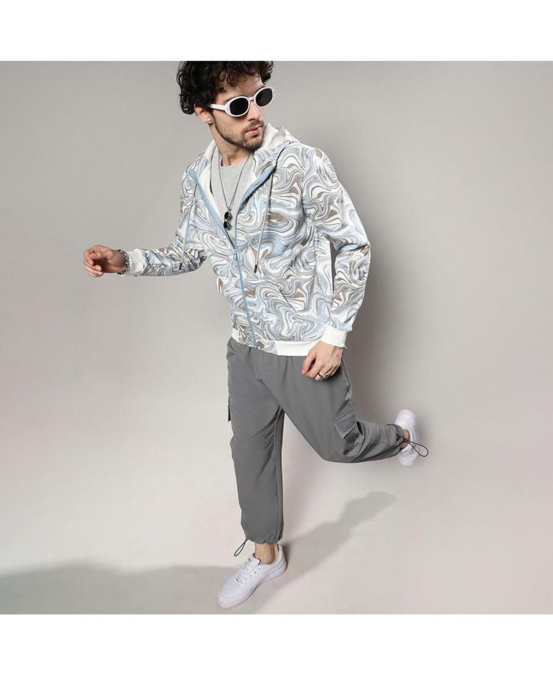 Men's Icy Blue & Olive Green Contrast Fluid Zip Front Hoodie
