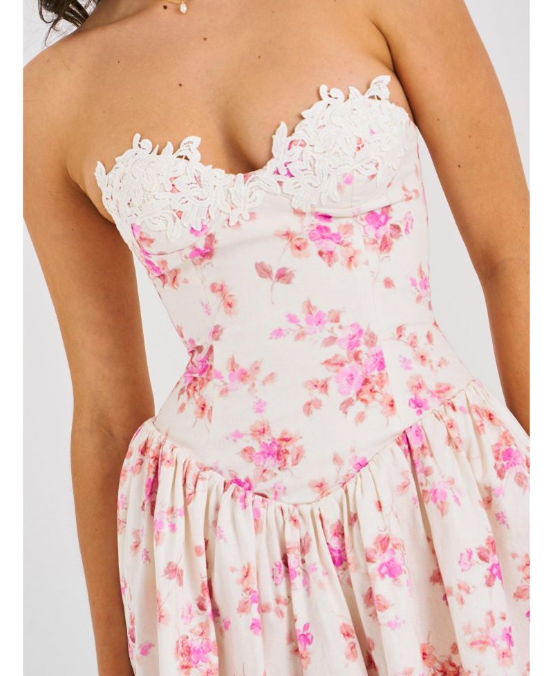 Women's Samara Floral Drop Waist Linen Corset Puffy Mini Dress