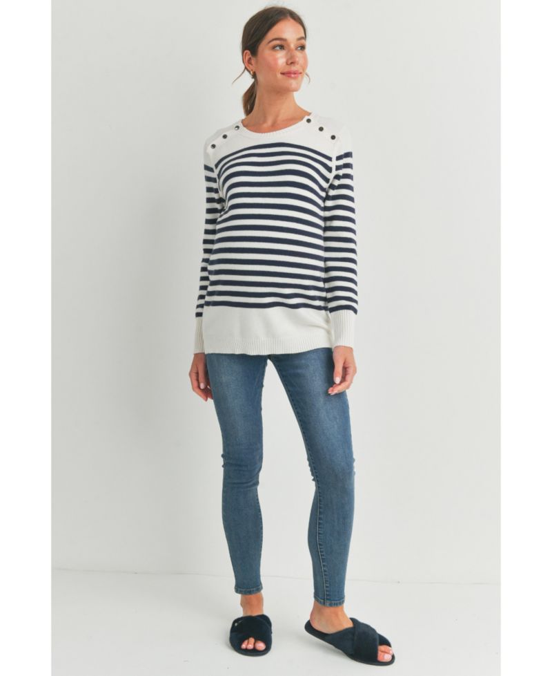Maternity Striped Button Shoulder Nursing Sweater