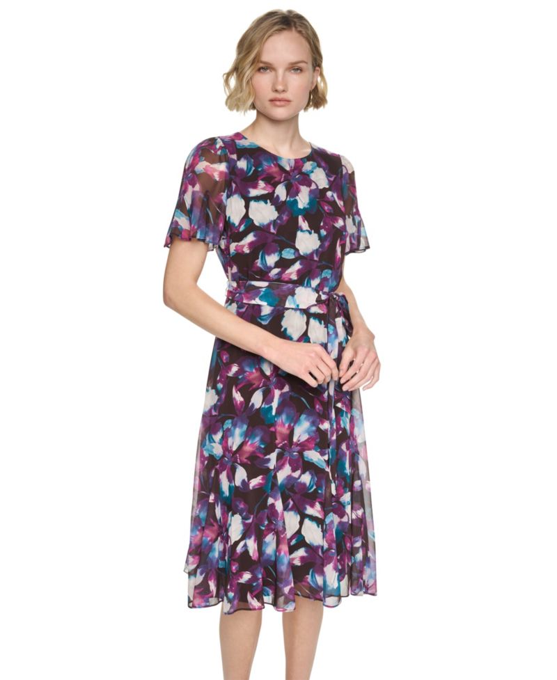 Women's Floral-Print A-Line Godet Sleeve Midi Dress
