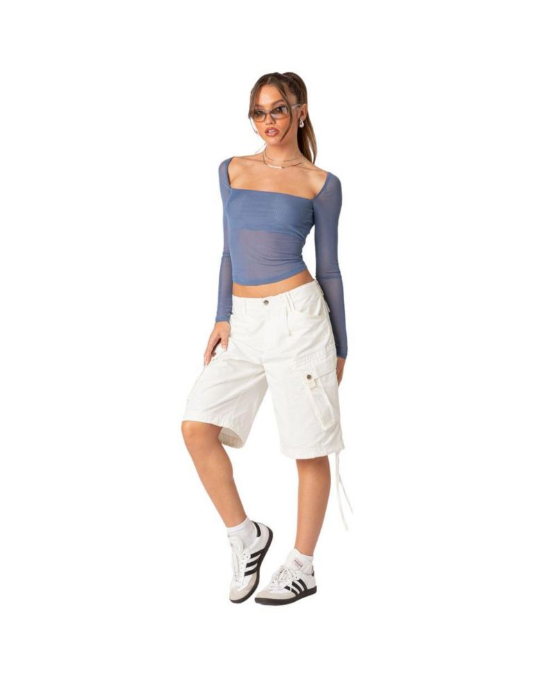 Women's Long Sleeve Square Neck Mesh Top