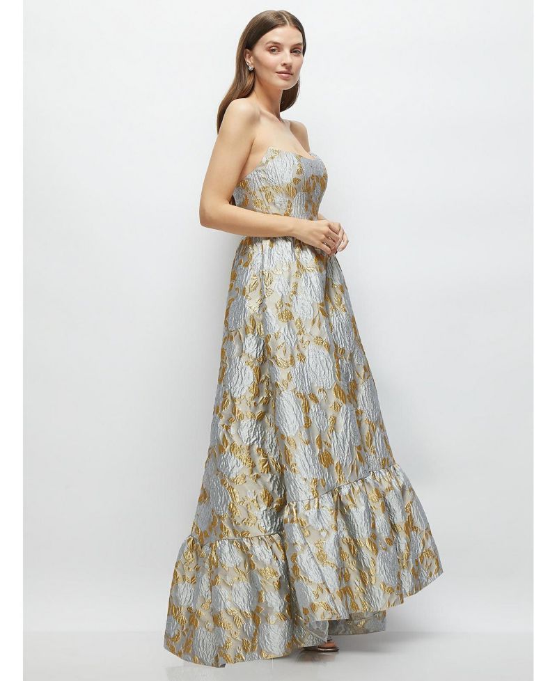 Women's Strapless Cat-Eye Boned Bodice Brocade High-Low Dress