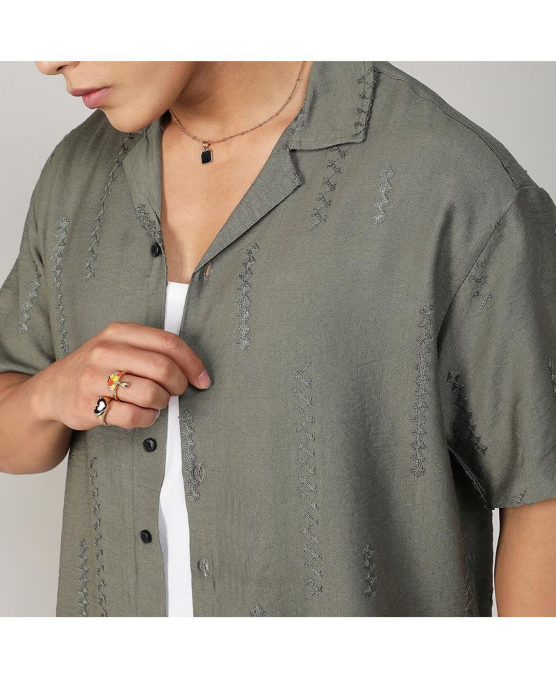 Men's Olive Green Embroidered Twist Shirt