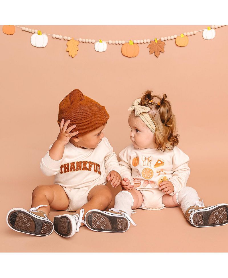 Baby Boy Thankful Patch Varsity Thanksgiving Long Sleeve Romper