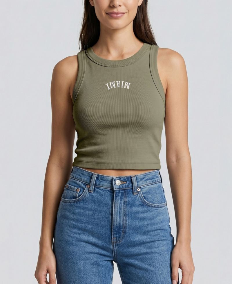 Women's Green Miami Hurricanes Upside Down Embroidery Ribbed Cropped Tank Top