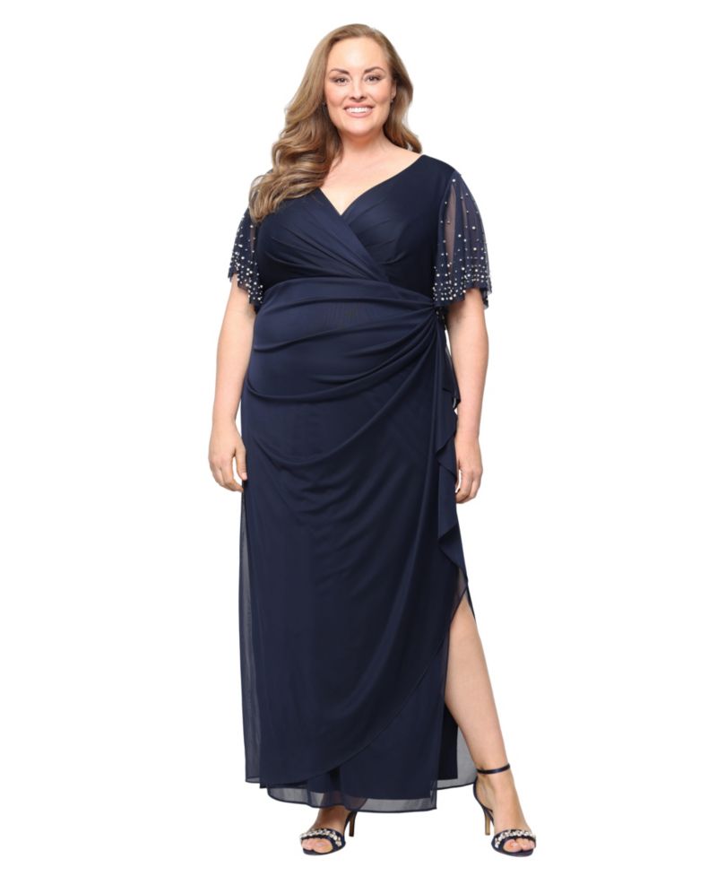 Plus Embellished Flutter-Sleeve Long Dress