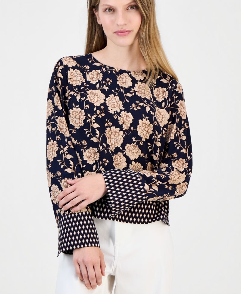 Women's Long-Sleeve Border-Print Blouse