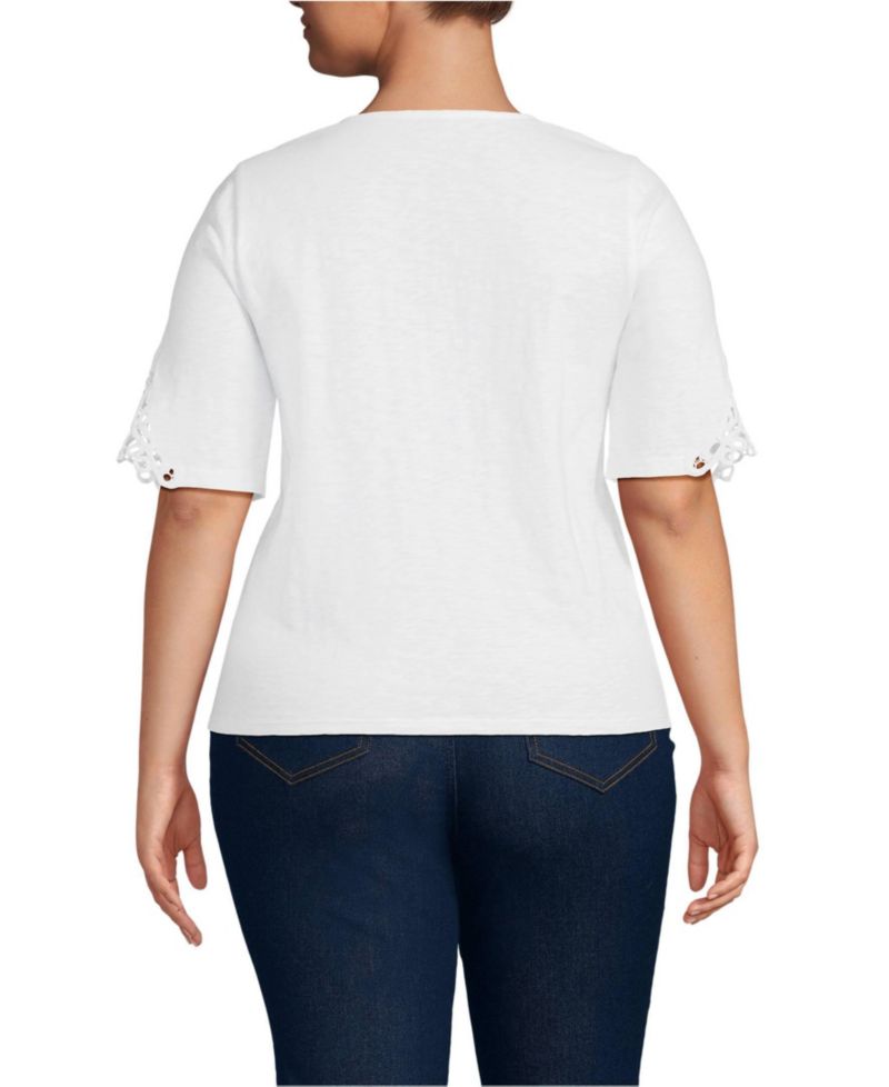 Plus Size Elbow Sleeve Slub Lace Trim T-Shirt