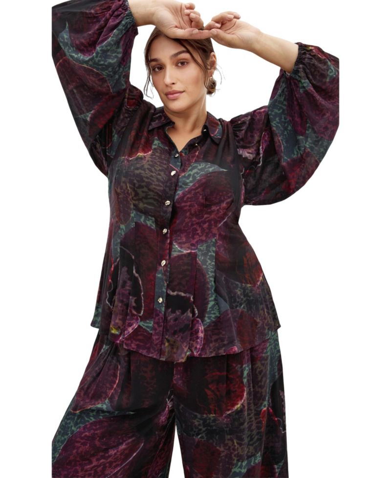 Plus Size Piper Floral-Print Long-Sleeve Collared Blouse