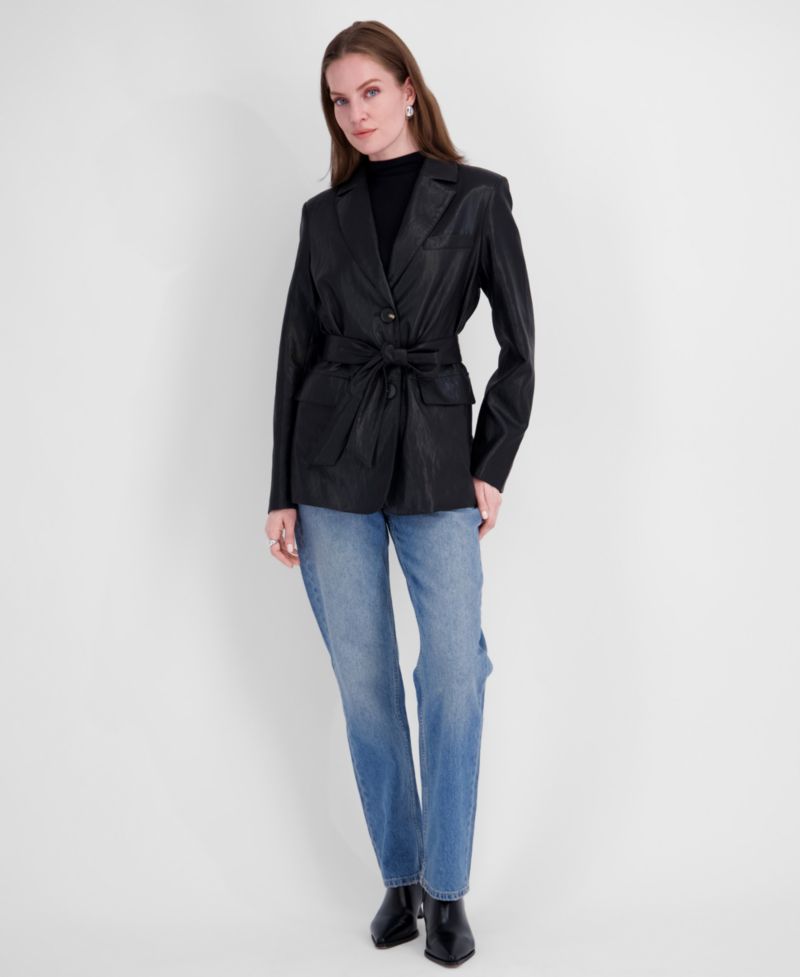 Women's Belted Faux Leather Trench Jacket