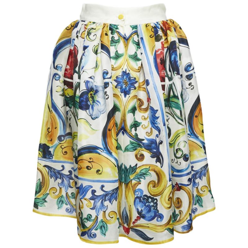 Women's Yellow/blue Majolica Print Silk Gathered Short Skirt