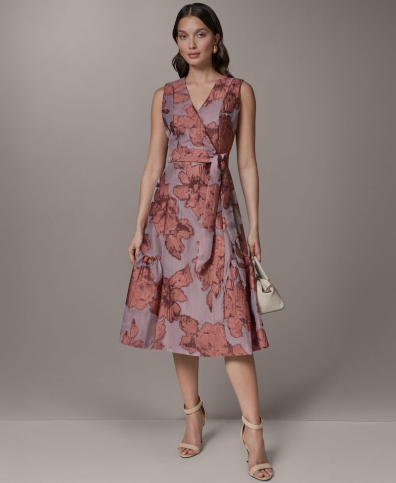Women's Sleeveless Jacquard Faux Wrap V-Neck Floral Midi A-Line Dress