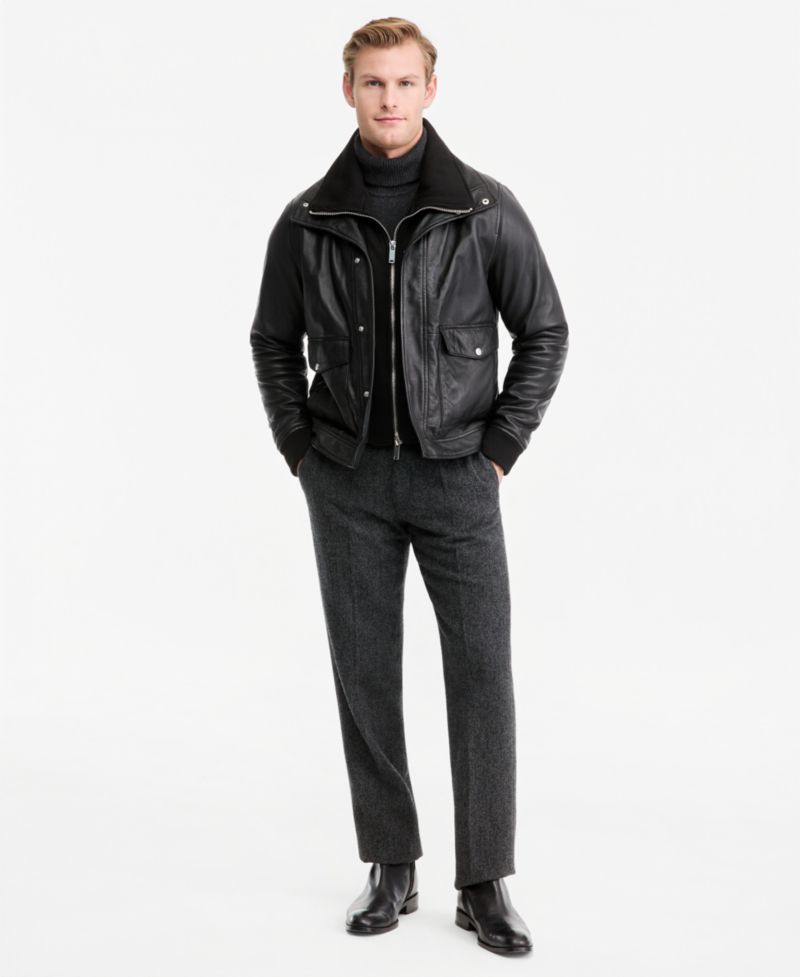 Men's Genuine Leather Bomber Jacket with Sweater Bib Insert